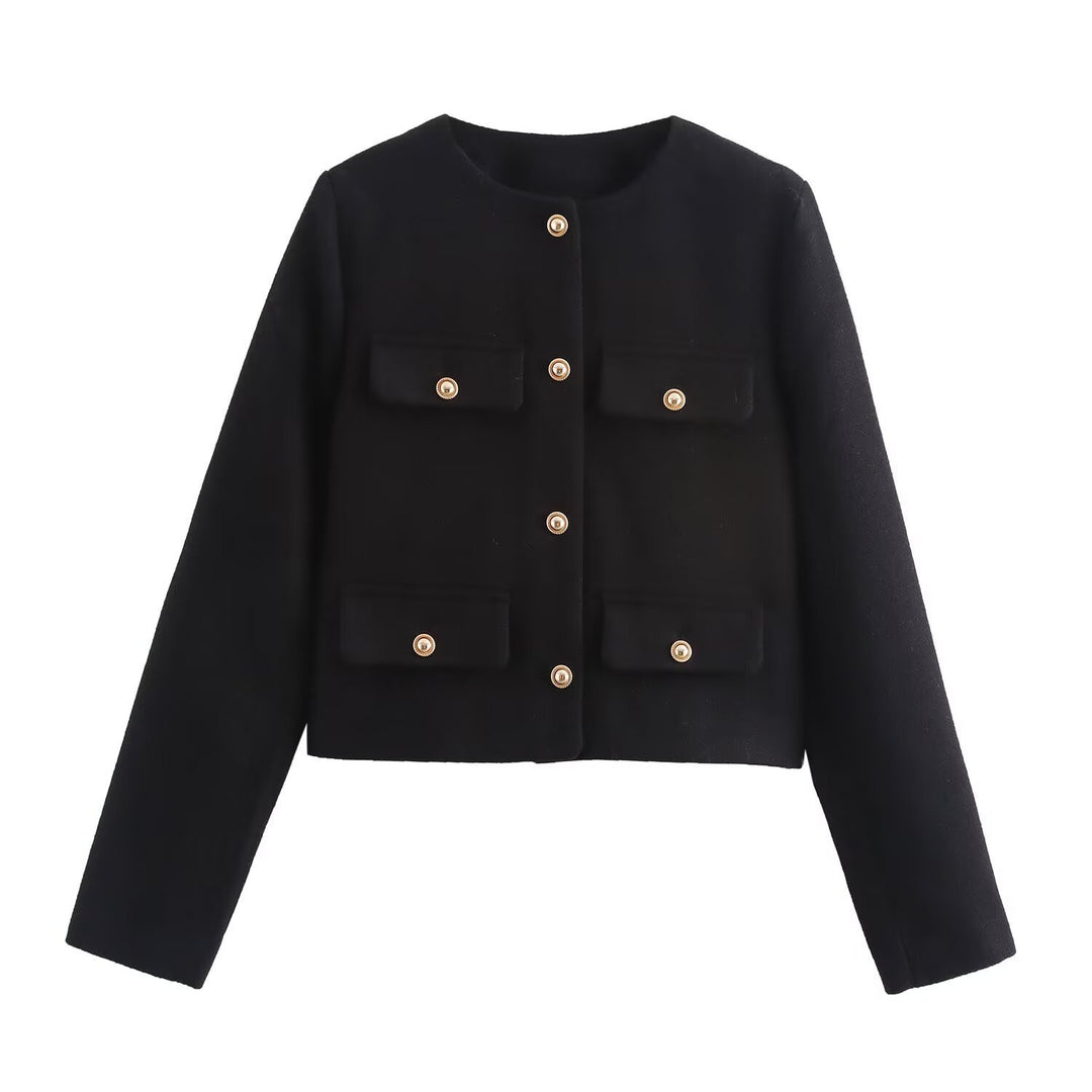 Damen Kurze Bouclé-Blazerjacke mit Rundhalsausschnitt, Zierleistentaschen und goldfarbenen Knöpfen Echo Archiv