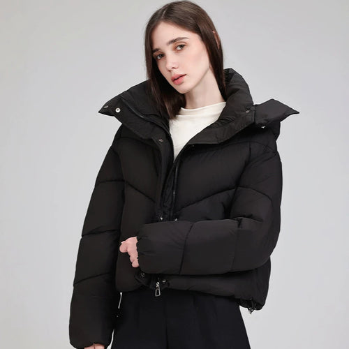 Damen Kurze Pufferjacke mit voluminösem Stehkragen und abnehmbarer Kragenkapuze Echo Archiv