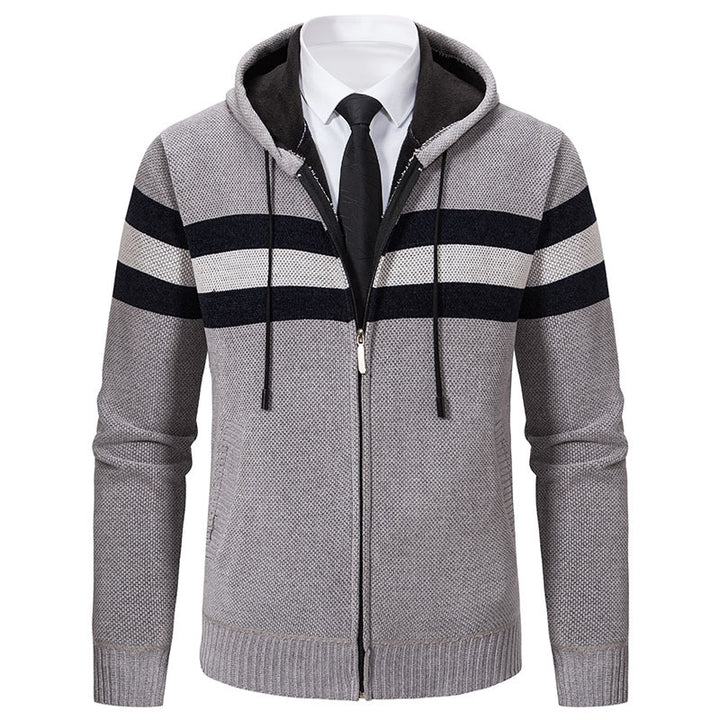 Herren Gestrickte Kapuzen-Strickjacke mit Kontraststreifen und Reißverschluss Echo Archiv