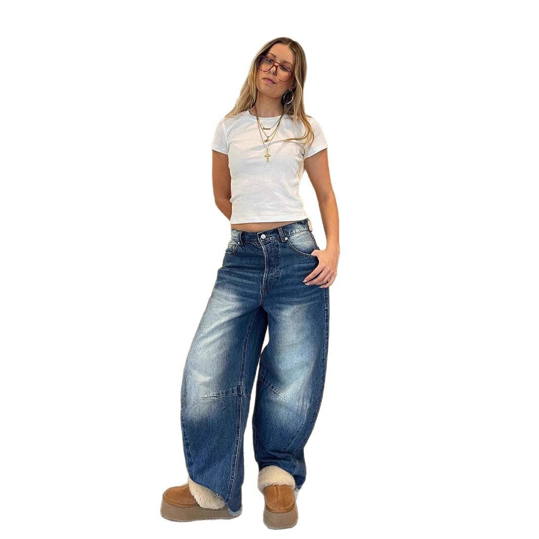 Damen nan weite Baggy-Jeans mit tiefer Schrittnaht, markanten Knieabnähern und verstärktem Five‑Pocket‑Schnitt Echo Archiv