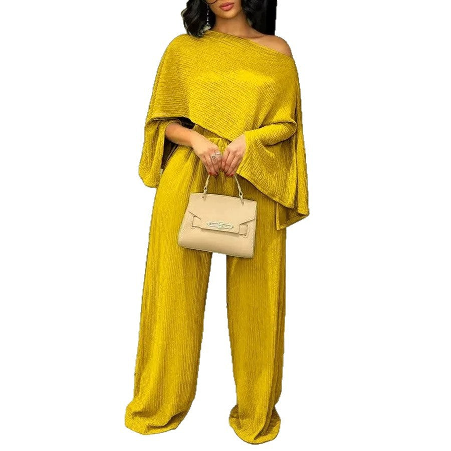 Damen Zweiteiliges Strukturiertes Loungewear‑Set mit Cropped‑Capeoberteil und Maxirock mit Seitenschlitz – Élanora