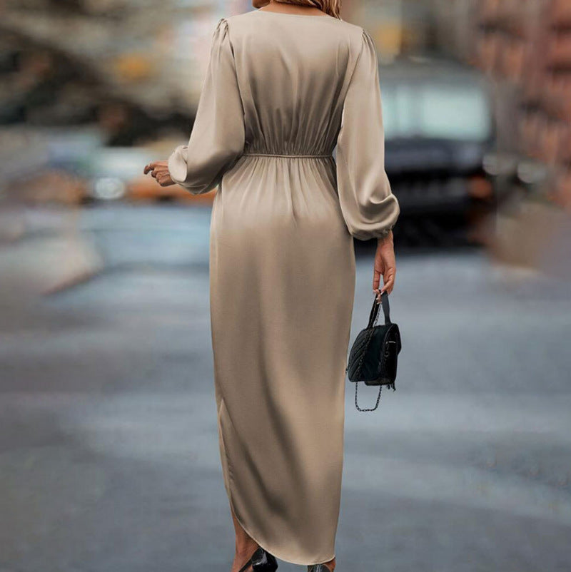 Damen nan elegantes Satin-Midikleid mit Twist-Taille V-Ausschnitt und Ballonärmeln Echo Archiv