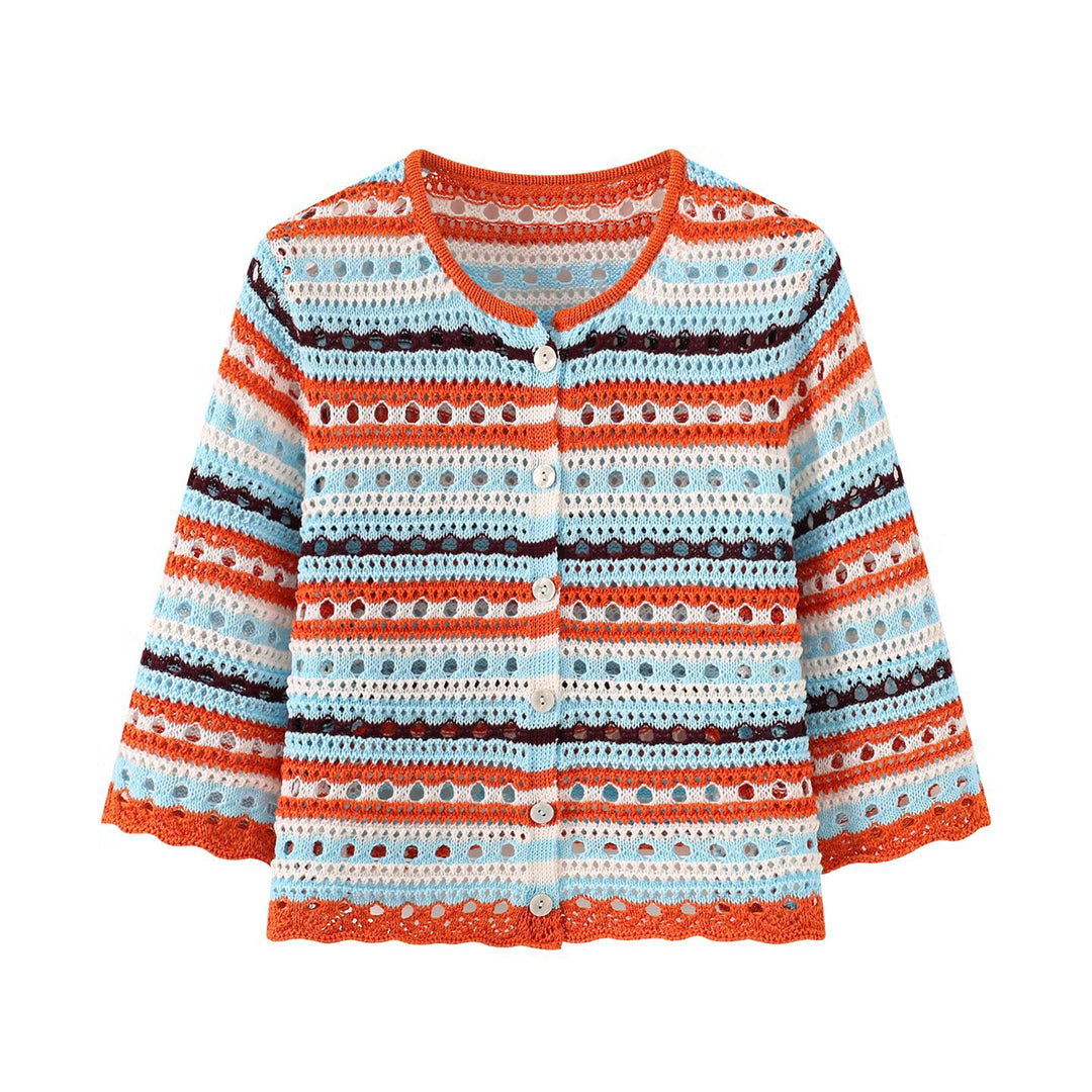 Damen Häkel-Cardigan mit Lochmuster, gestreifter Struktur und Dreiviertelärmeln Echoarchiv