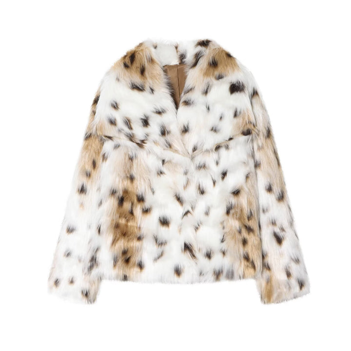 Damen nan kurze Kunstfelljacke mit Wildmuster, V-Ausschnitt und taillierter Silhouette Echo Archiv