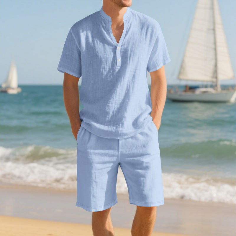 Herren lässiges Leinen-T-Shirt mit kurzer Knopfleiste und passenden Shorts Echoarchiv