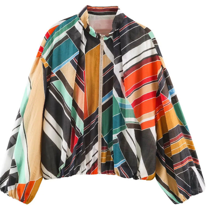 Damen Gestreifte Cropped Blousonjacke mit Stehkragen, Reißverschluss und Ballonärmeln Echo Archiv