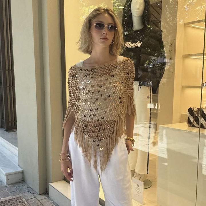 Damen dekorativer Spitzen-Poncho mit eleganten Pailletten und Fransen Echo Archiv