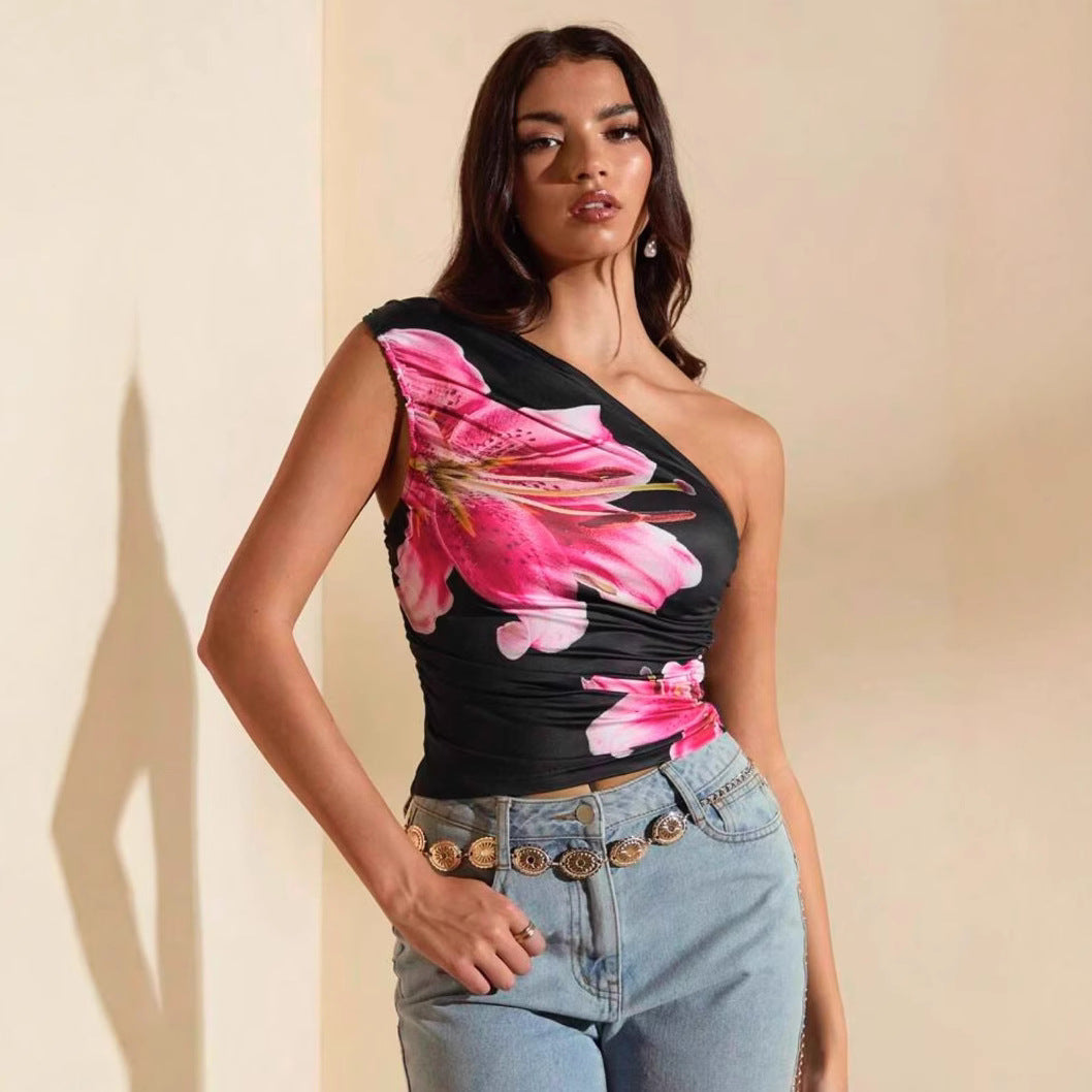 Damen Crop-Top mit asymmetrischem Ausschnitt und floralen Akzenten Echo Archiv
