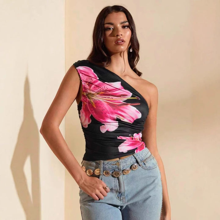 Damen Crop-Top mit asymmetrischem Ausschnitt und floralen Akzenten Echo Archiv
