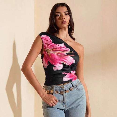 Damen Crop-Top mit asymmetrischem Ausschnitt und floralen Akzenten Echo Archiv
