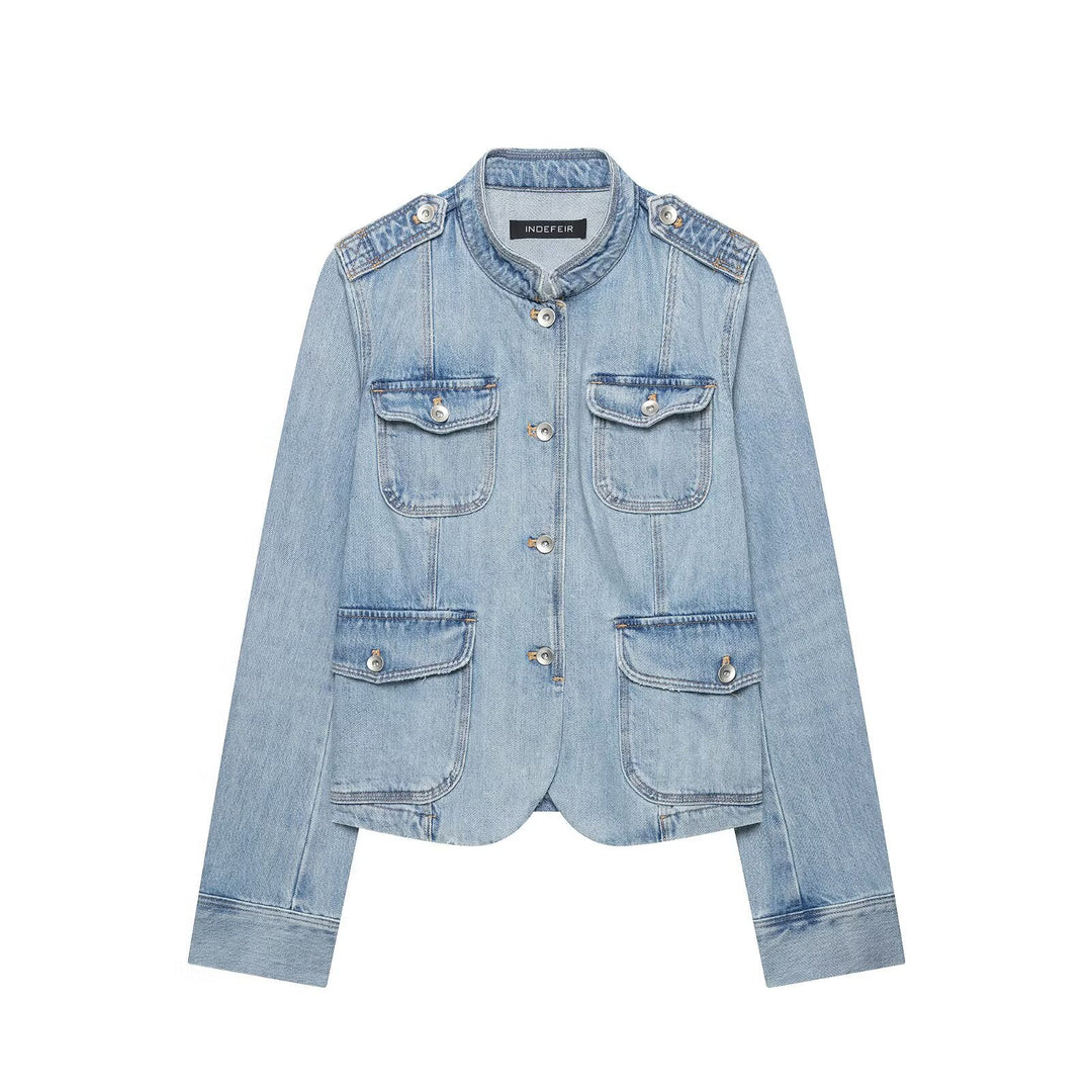 Damen Boxy-Denimjacke im Safari‑Look mit Stehkragen und vier aufgesetzten Taschen Echo Archiv