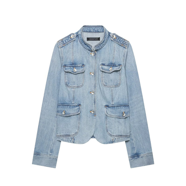 Damen Boxy-Denimjacke im Safari‑Look mit Stehkragen und vier aufgesetzten Taschen Echo Archiv