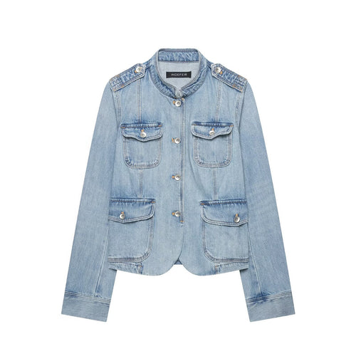 Damen Boxy-Denimjacke im Safari‑Look mit Stehkragen und vier aufgesetzten Taschen Echo Archiv