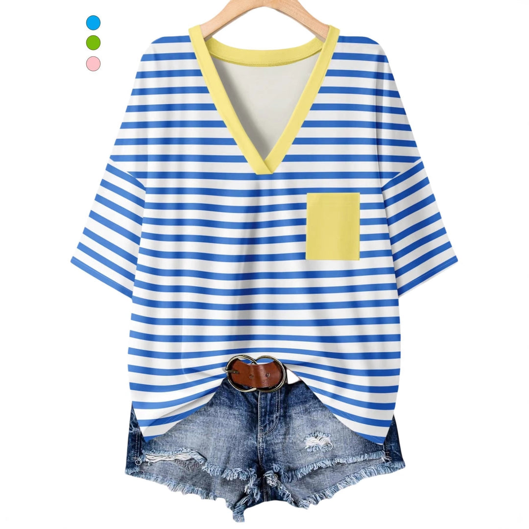 Damen lässiges V-Neck T-Shirt mit Streifen-Design Echoarchiv