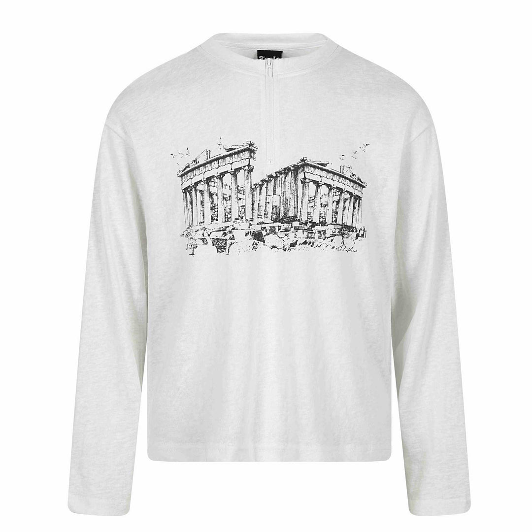 Unisex Langarm-Halbzipshirt mit Stehkragen und Parthenon-Print Echoarchiv