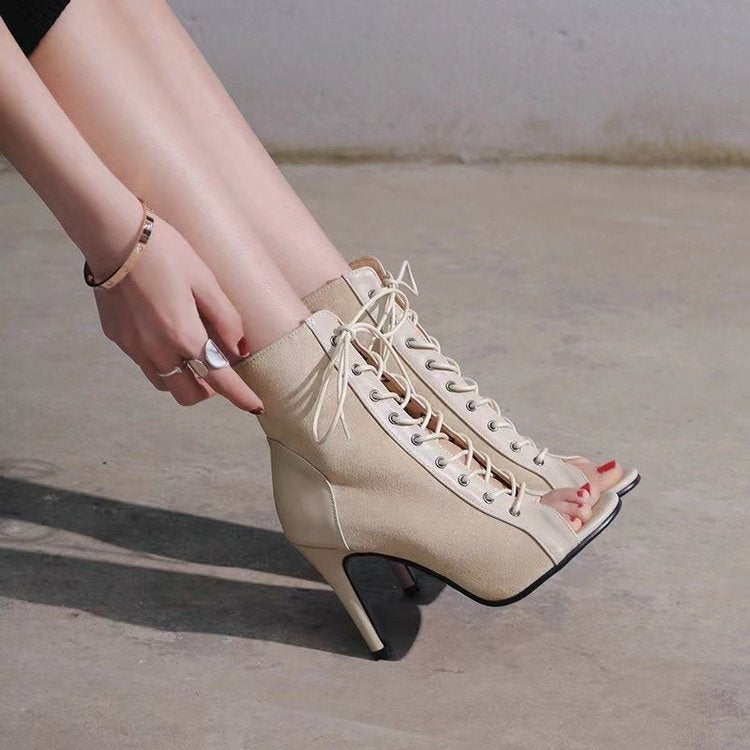 Damen Offene-Zehen Schnürstiefelette mit Wildleder-Optik und Stiletto-Absatz – Lioré