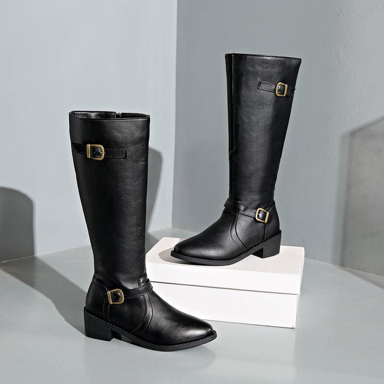 Damen nan kniehohe Reitstiefel mit dekorativen Schnallen und ergonomischem Blockabsatz Echo Archiv