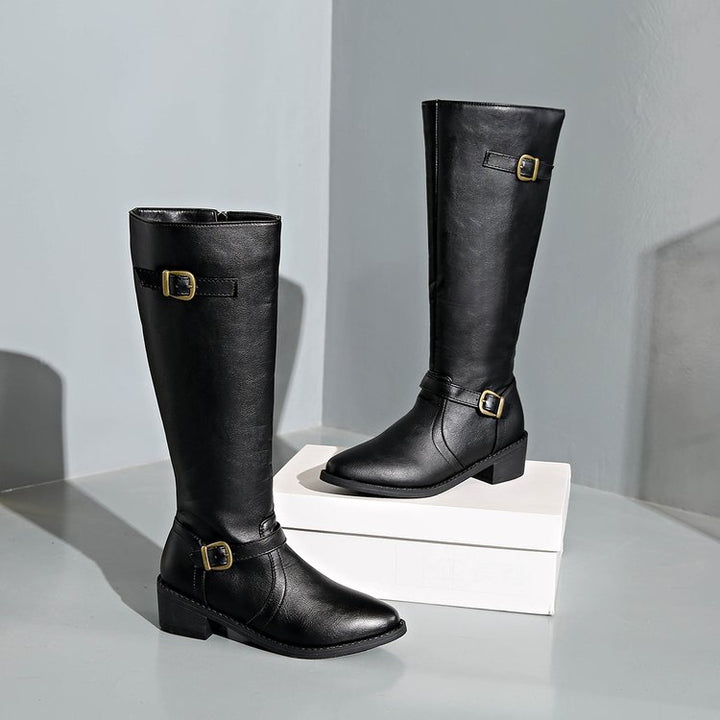 Damen nan kniehohe Reitstiefel mit dekorativen Schnallen und ergonomischem Blockabsatz Echo Archiv