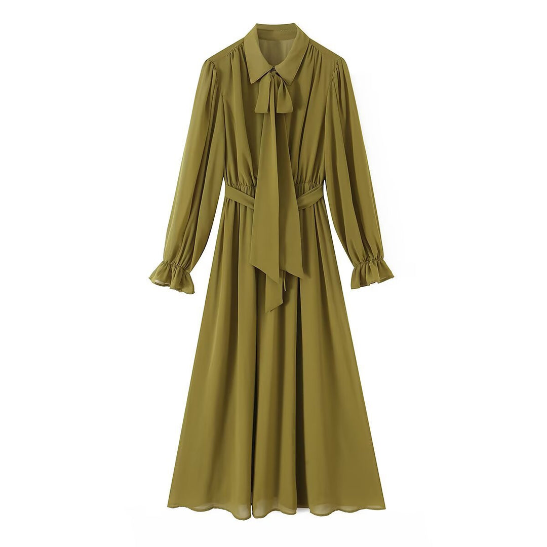 Damen Chiffon‑Maxikleid mit Bindeschleife, tailliertem Knotenband und Rüschenärmeln Echoarchiv
