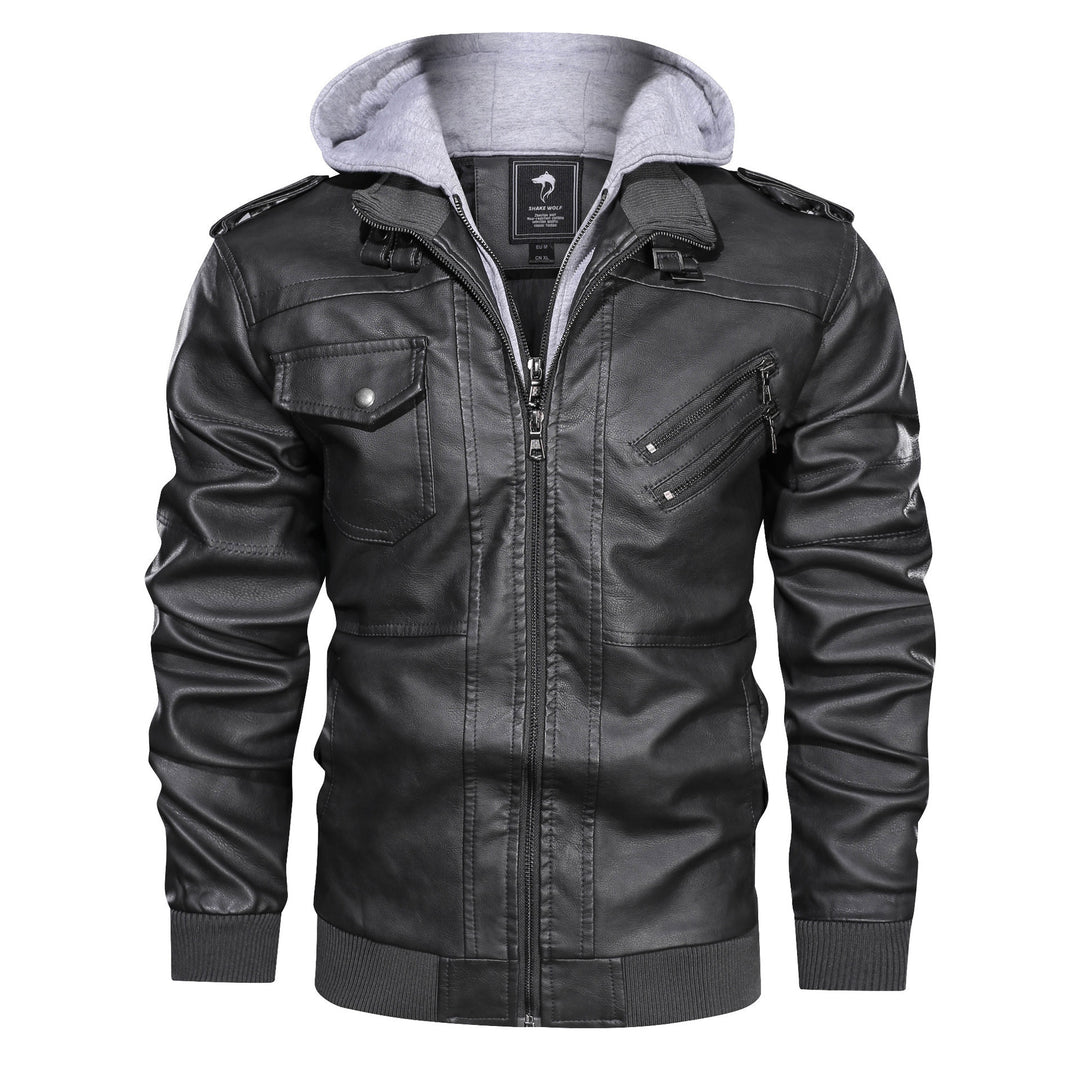 Herren Bomberjacke aus Lederimitat mit integriertem Kapuzen-Innerlayer und Utility-Taschen – Brevano