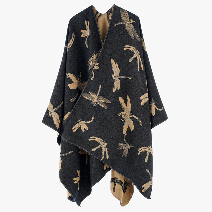 Damen Wendbarer Jacquard-Poncho mit Libellenmotiv – Avérine