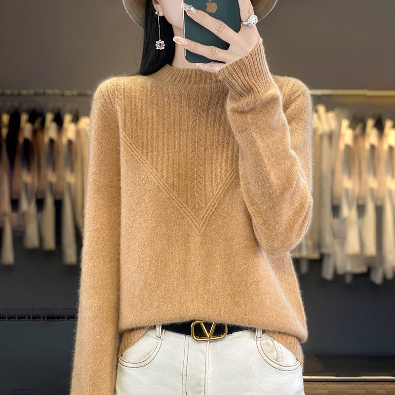 Damen Lockerer Mohair‑Blend Pullover mit strukturierter V‑Paneel und Stehkragen Echoarchiv