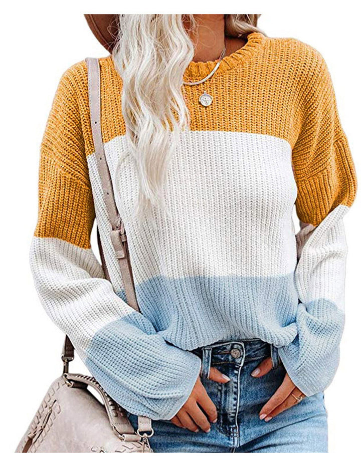 Damen Oversize Colorblock Strickpullover mit Ballonärmeln Echoarchiv