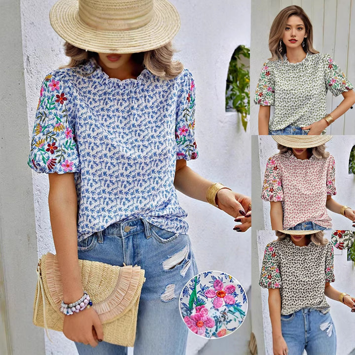 Damen Geblümte Bluse mit bestickten Puffärmeln und gewelltem Ausschnitt – Élovi