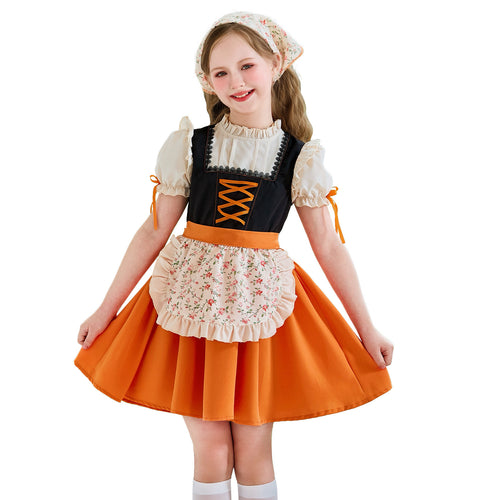Damen nan traditionelles Kinderdirndl mit Schnürung, Rüschenschürze und Kopftuch Echo Archiv