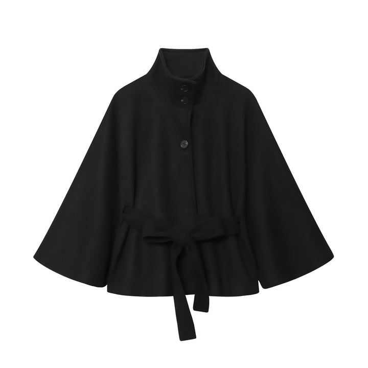 Damen Kurzes Wollcape mit Stehkragen, Bindegürtel und A‑Linien‑Silhouette Echoarchiv