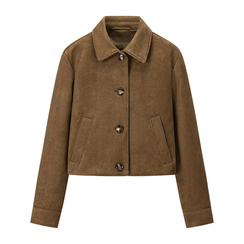 Damen kurz geschnittene Veloursjacke mit Hemdkragen, verdeckter Knopfleiste und schrägen Eingrifftaschen – Célinea