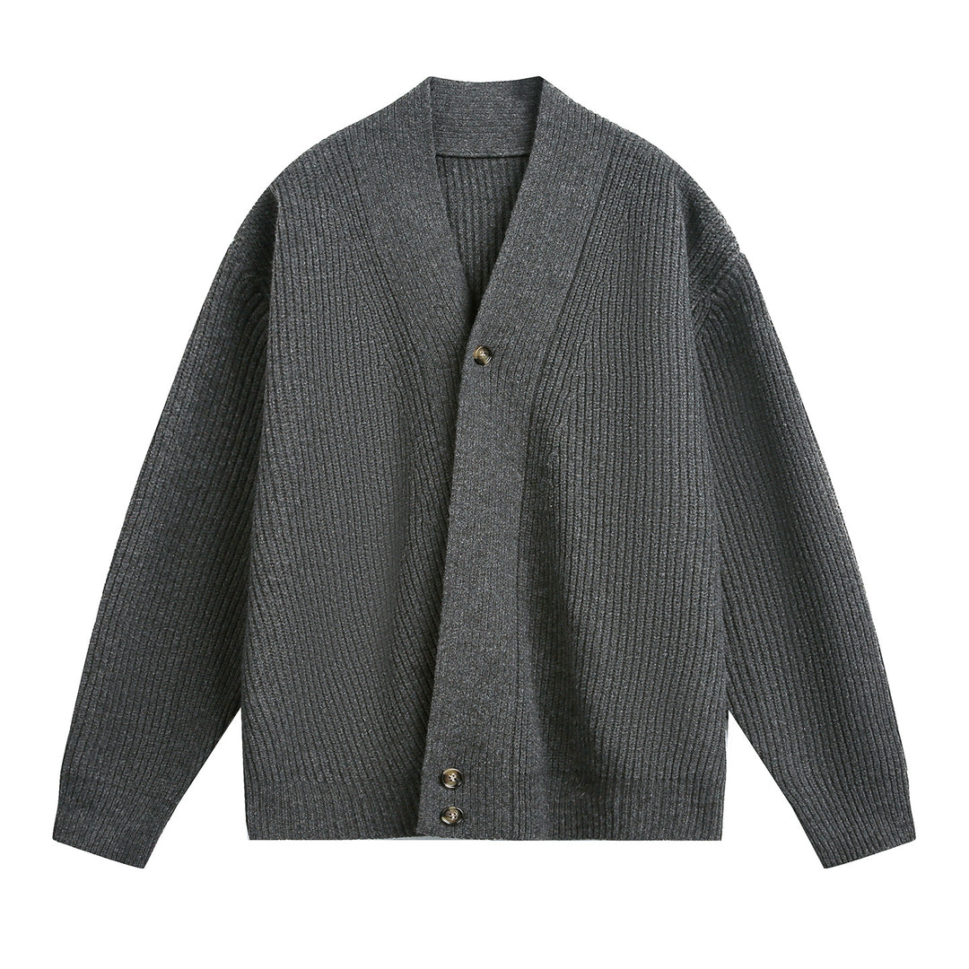 Unisex Oversize-Grobstrick-Cardigan mit Schalkragen, Rippenstruktur und asymmetrischer Knopfleiste Echo Archiv