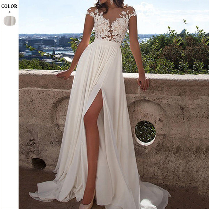 Damen Hochzeitskleid mit elegantem Spitzen-Oberteil und fließendem Rock Echoarchiv