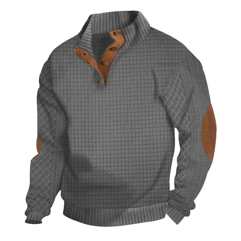Herren Waffelstrick-Halbzip-Pullover mit Stehkragen Lederbesatz und Ellbogenpatches Echoarchiv