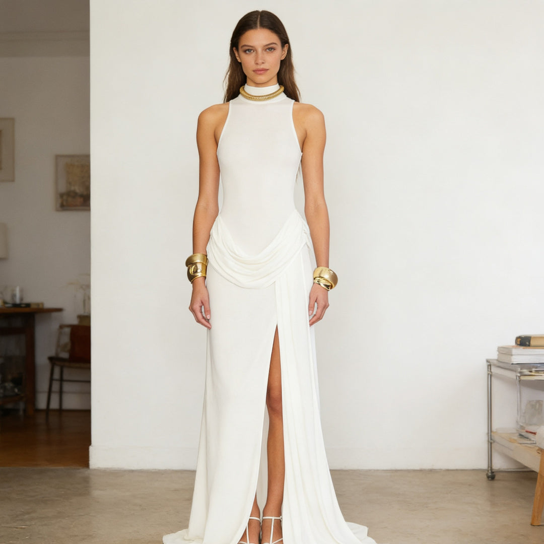 Damen Elegantes Maxikleid mit hoher Beinschlitze und raffinierter Drapierung Echo Archiv