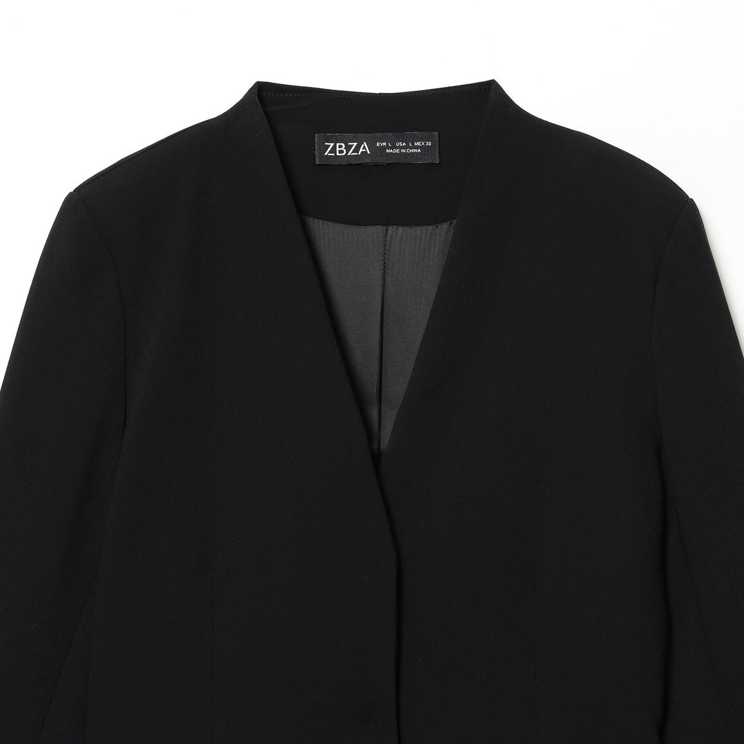 Damen kragenloser Longblazer mit offenem Vorderteil, Pattentaschen und leichtem Stretch – Célinea