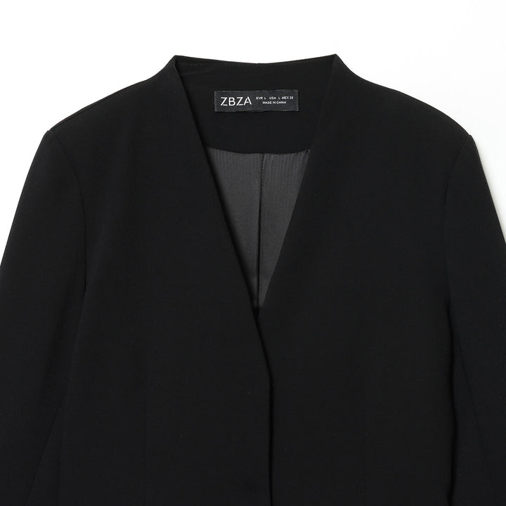Damen kragenloser Longblazer mit offenem Vorderteil, Pattentaschen und leichtem Stretch – Célinea