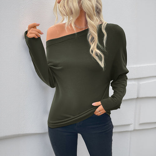 Damen Oversized schulterfreies Langarmshirt mit Fledermausärmeln und Knopfmanschetten Echoarchiv