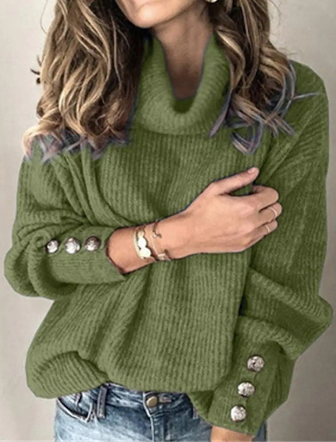 Damen Oversize-Rollkragenpullover mit Strukturstrick und Zierknöpfen Echo Archiv