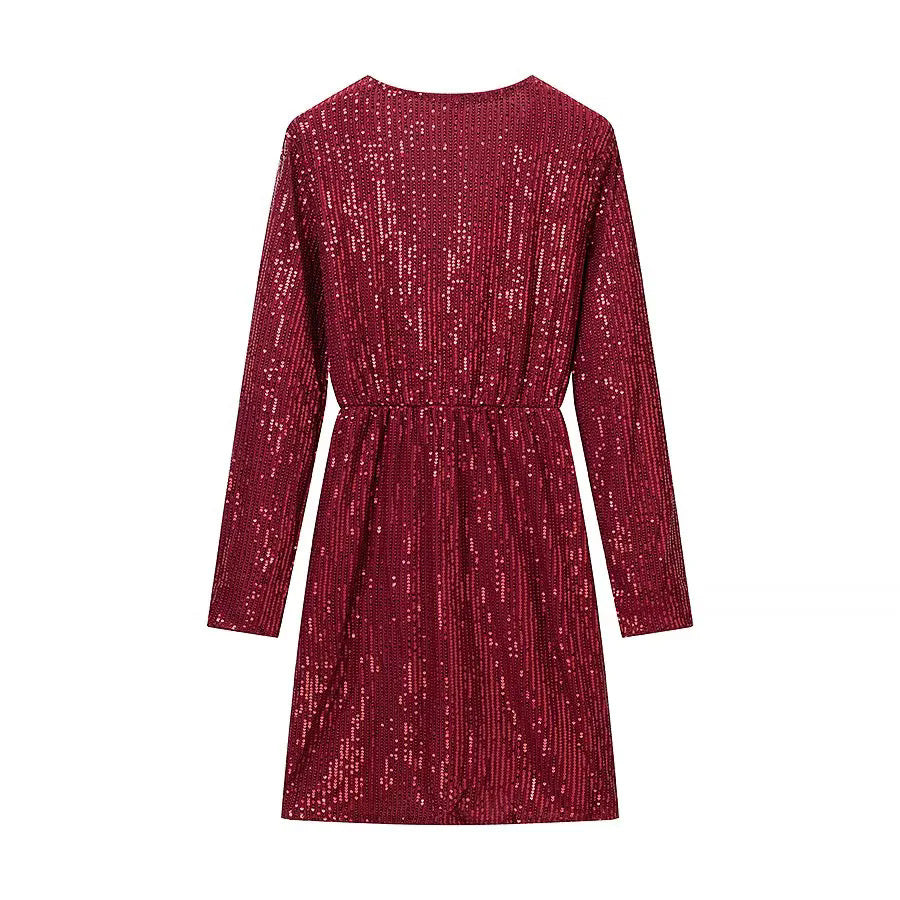 Damen Wickel-Minikleid mit Paillettenbesatz, tiefem V‑Ausschnitt und taillierendem Bindegürtel – Élara
