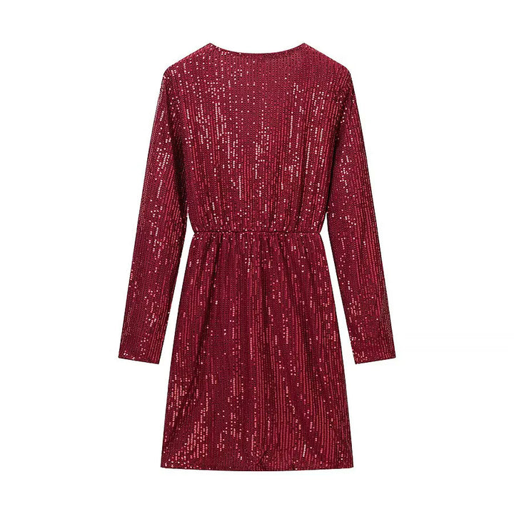 Damen Wickel-Minikleid mit Paillettenbesatz, tiefem V‑Ausschnitt und taillierendem Bindegürtel – Élara