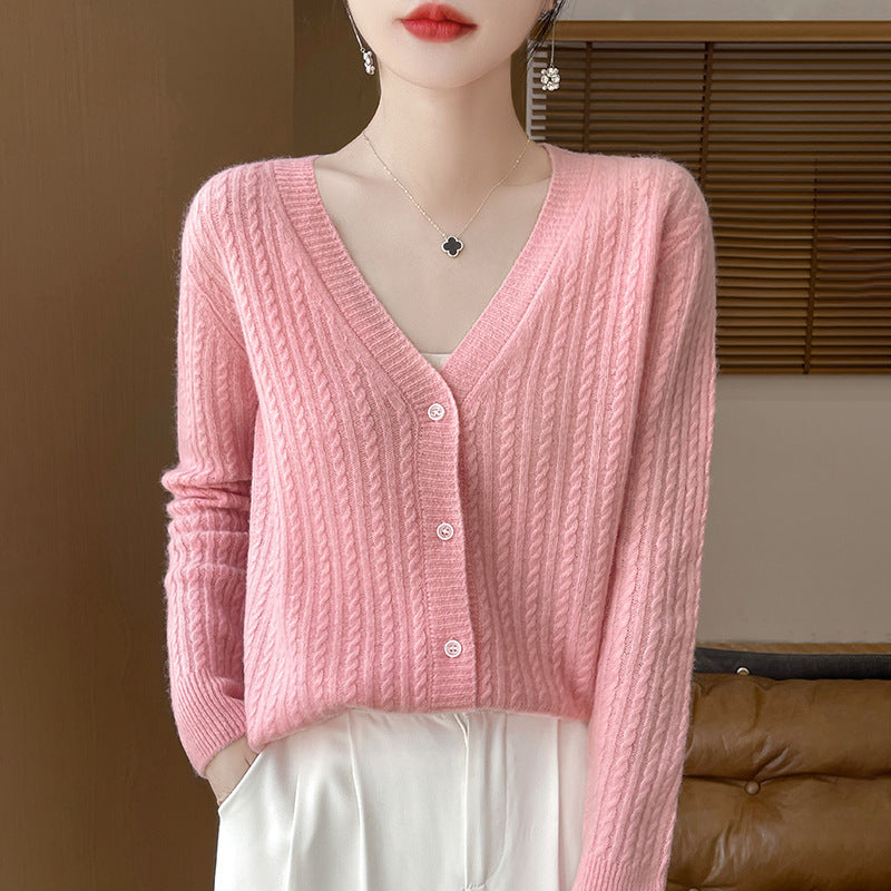 Damen Kurzgeschnittener Feinstrick-Cardigan mit V‑Ausschnitt, feiner Rippenstruktur und Perlmuttknöpfen Echoarchiv