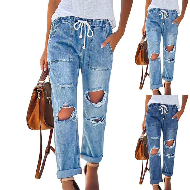 Damen nan lässige Destroyed-Denim-Jogger mit elastischem Kordelbund und aufgesetzten Fronttaschen Echo Archiv