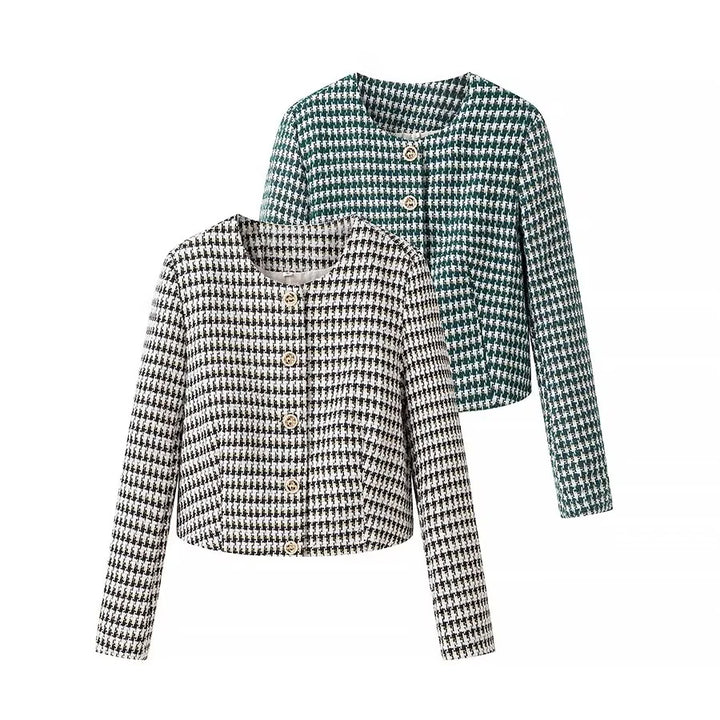 Damen kurzer Bouclé-Blazer im Cropped‑Stil mit Hahnentrittmuster, Rundhalsausschnitt und Zierknöpfen – Célinea