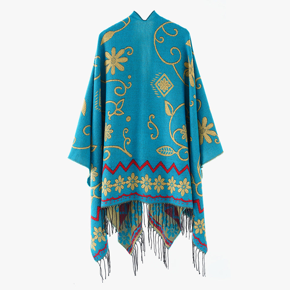 Damen Jacquard Überwurfcape aus feinem Strick mit Paisley-Bordüre Echo Archiv