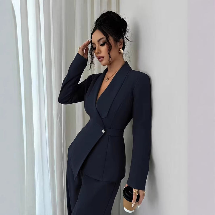 Damen taillierter Businessblazer mit Schalkragen, Gürtelbund und Ein-Knopf-Verschluss – Valéne