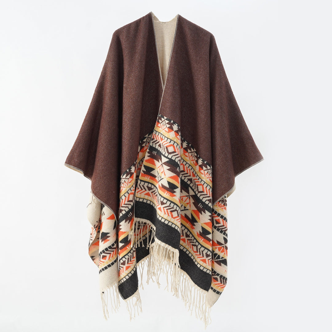 Damen Oversize-Wendepancho aus Wollmix mit Ethno-Jacquard und Fransensaum – Célinea
