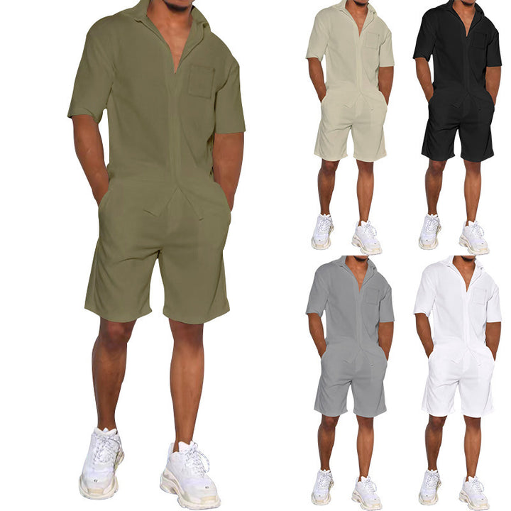 Herren nan legeres Resort-Zweiteiler mit offenem Kurzarm-Hemd, Brusttasche und elastischer Bermuda Echo Archiv