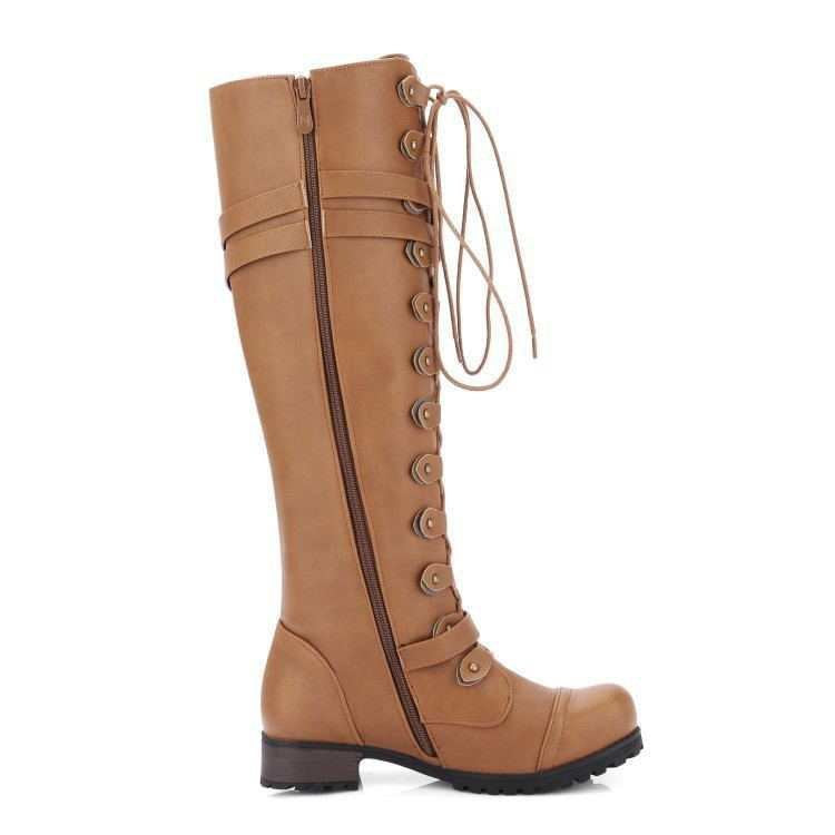 Damen nan kniehohe Schnürstiefel im Militär-Vintage Stil mit dekorativen Riemen und verstellbaren Schnallen Echo Archiv