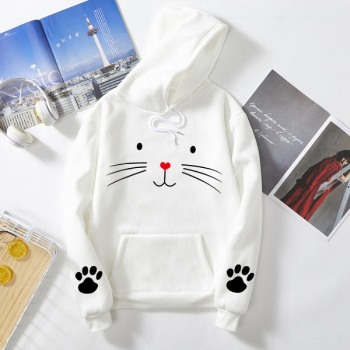 Damen Kapuzenpullover mit gedrucktem Katzenmotiv, Kängurutasche und Pfotenapplikationen – Auréline